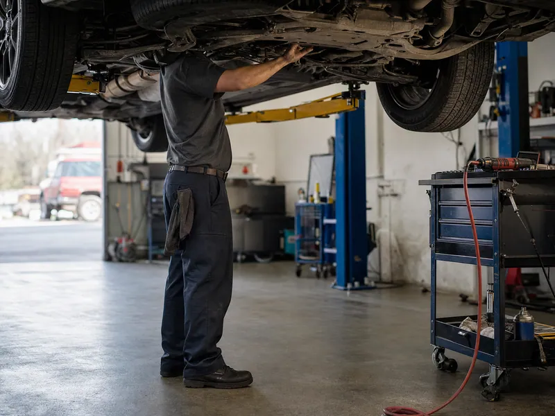A vehicle raised on a lift with a technician working at the wheel