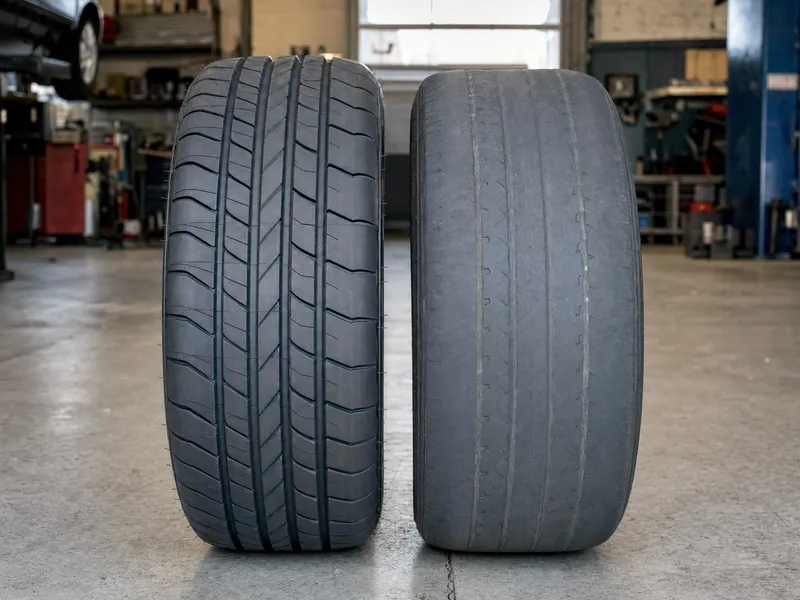 A worn tire beside a new one of the same size for comparison