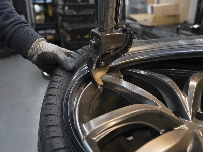 A tire being mounted on a tire machine in the shop bay