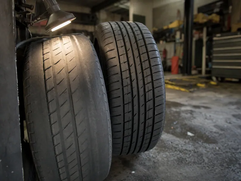 Uneven wear along the inner edge of a tire tread